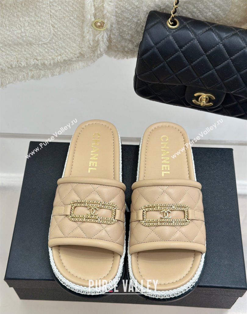 Chanel Lambskin Flat Slides Sandal with Chain Buckle Beige 2025 CH030406 (MD-250304111)