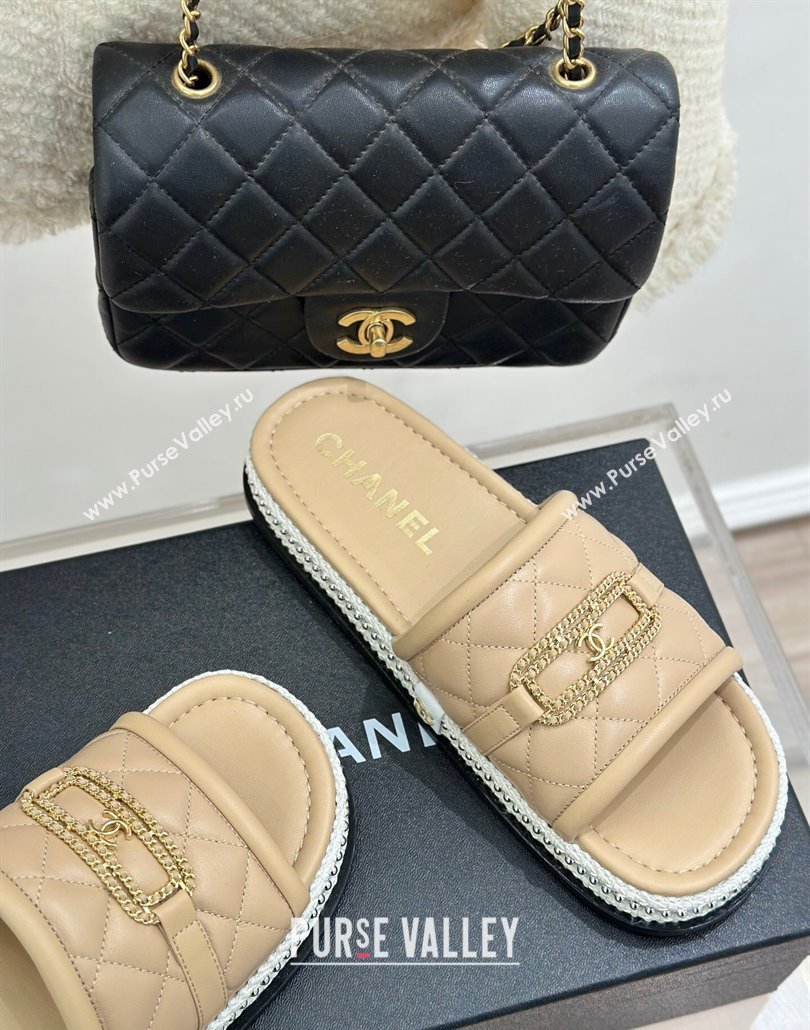 Chanel Lambskin Flat Slides Sandal with Chain Buckle Beige 2025 CH030406 (MD-250304111)