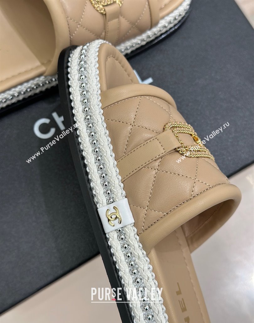 Chanel Lambskin Flat Slides Sandal with Chain Buckle Beige 2025 CH030406 (MD-250304111)