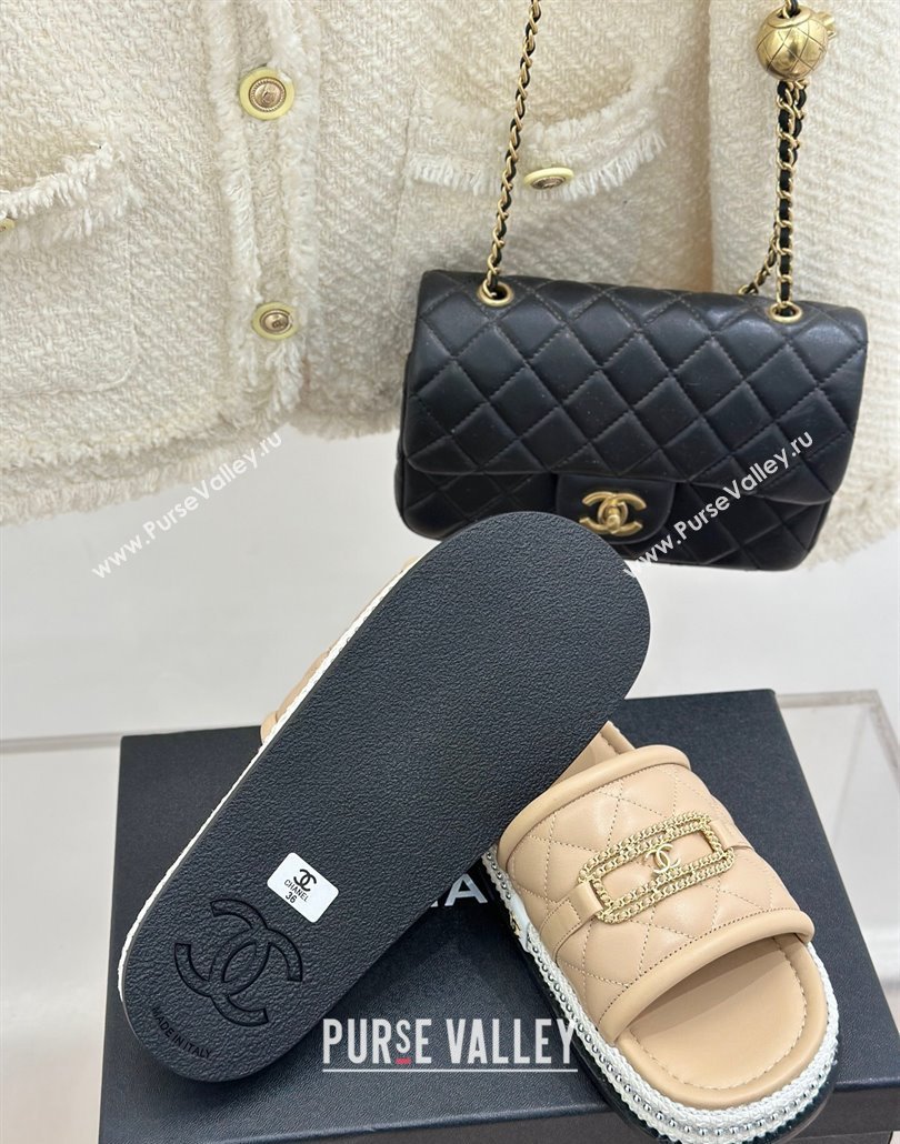 Chanel Lambskin Flat Slides Sandal with Chain Buckle Beige 2025 CH030406 (MD-250304111)