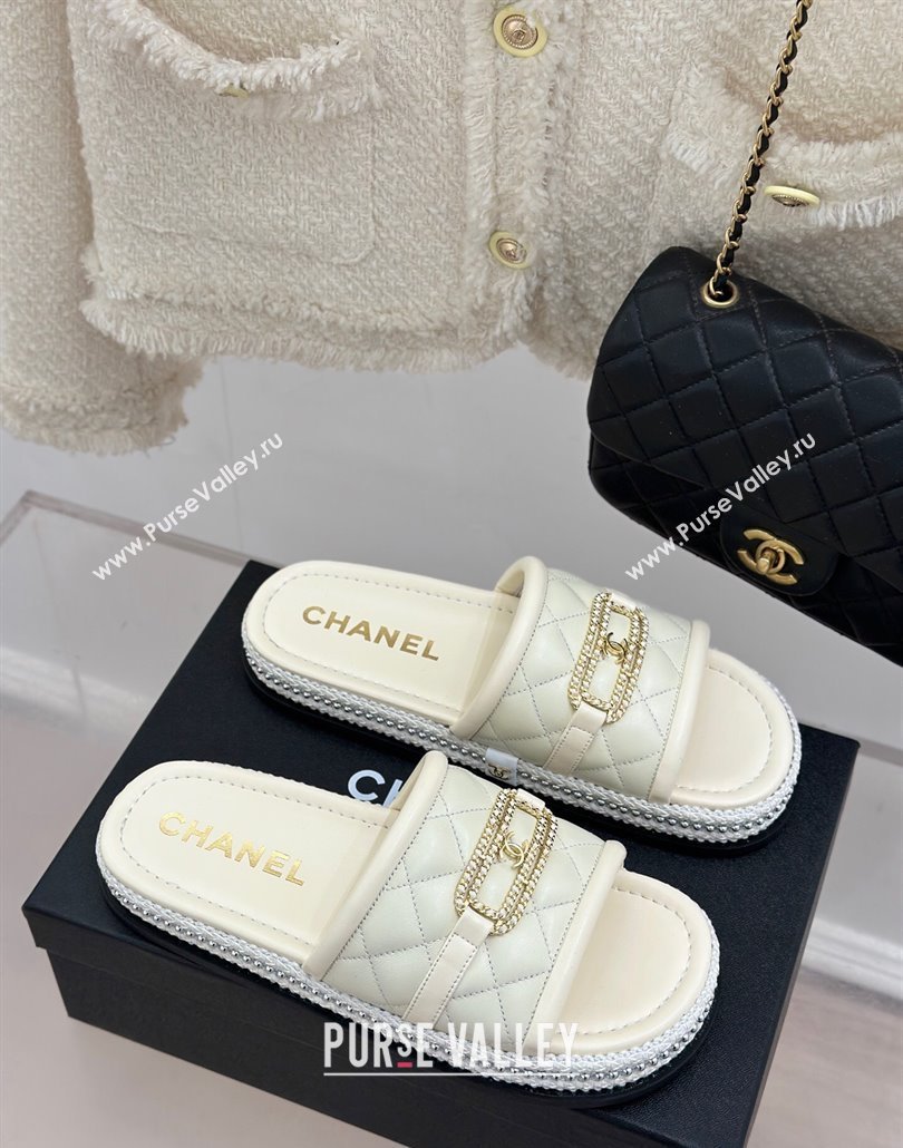 Chanel Lambskin Flat Slides Sandal with Chain Buckle White 2025 CH030406 (MD-250304112)