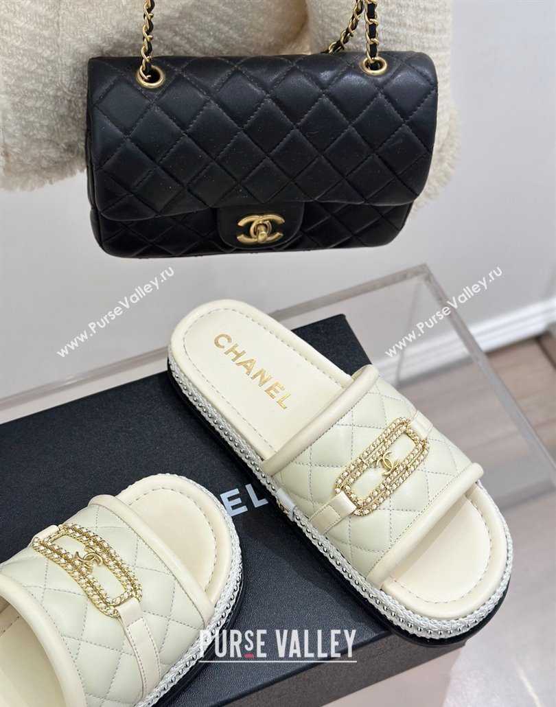 Chanel Lambskin Flat Slides Sandal with Chain Buckle White 2025 CH030406 (MD-250304112)