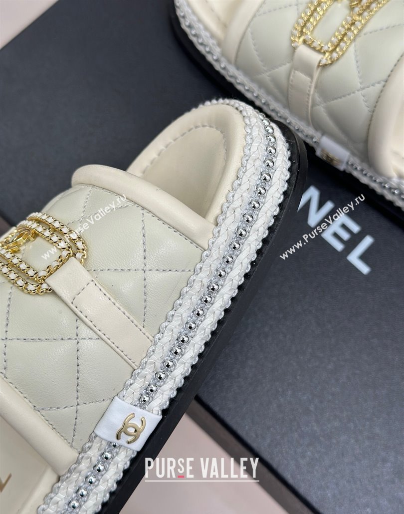 Chanel Lambskin Flat Slides Sandal with Chain Buckle White 2025 CH030406 (MD-250304112)