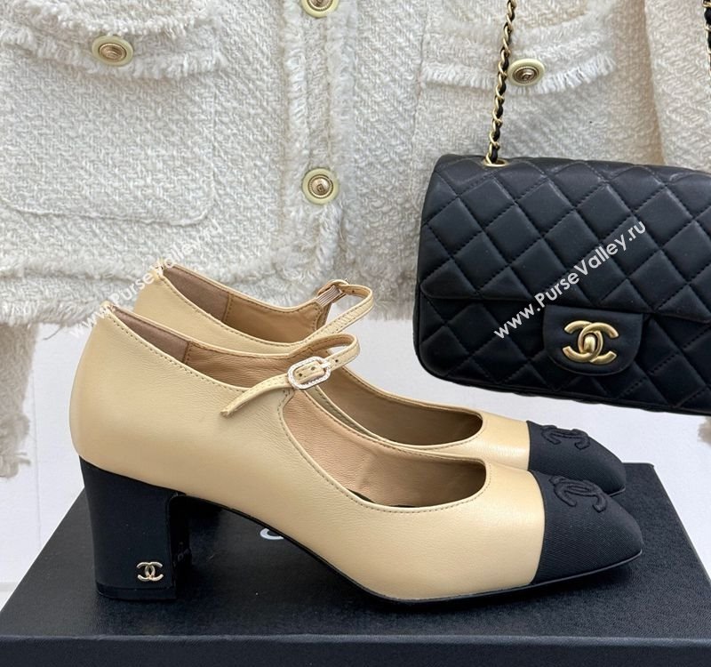 Chanel Lambskin Mary Janes Pumps 6.5cm with Strass Buckle Beige 2025 CH030329 (MD-250303169)