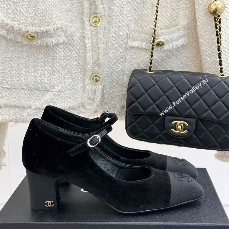 Chanel Velvet Mary Janes Pumps 6.5cm with Strass Buckle Black 2025 CH030329 (MD-250303171)