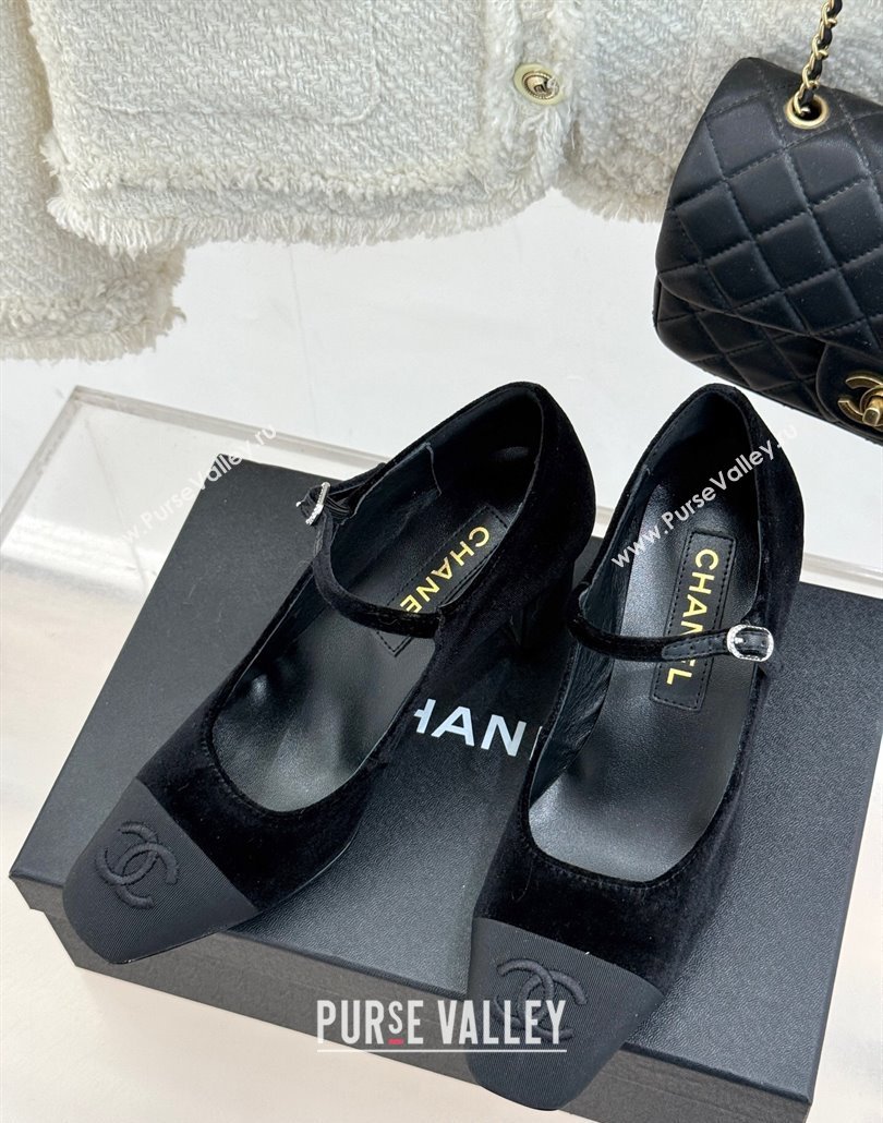 Chanel Velvet Mary Janes Pumps 6.5cm with Strass Buckle Black 2025 CH030329 (MD-250303171)