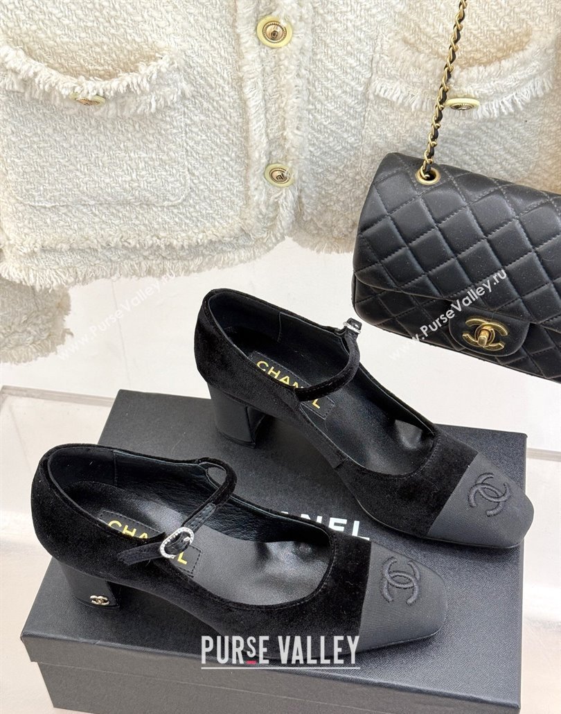 Chanel Velvet Mary Janes Pumps 6.5cm with Strass Buckle Black 2025 CH030329 (MD-250303171)