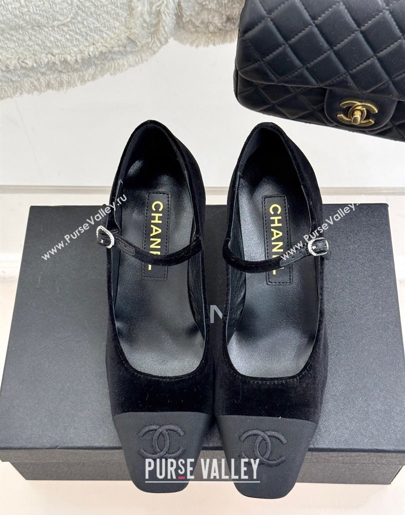 Chanel Velvet Mary Janes Pumps 6.5cm with Strass Buckle Black 2025 CH030329 (MD-250303171)