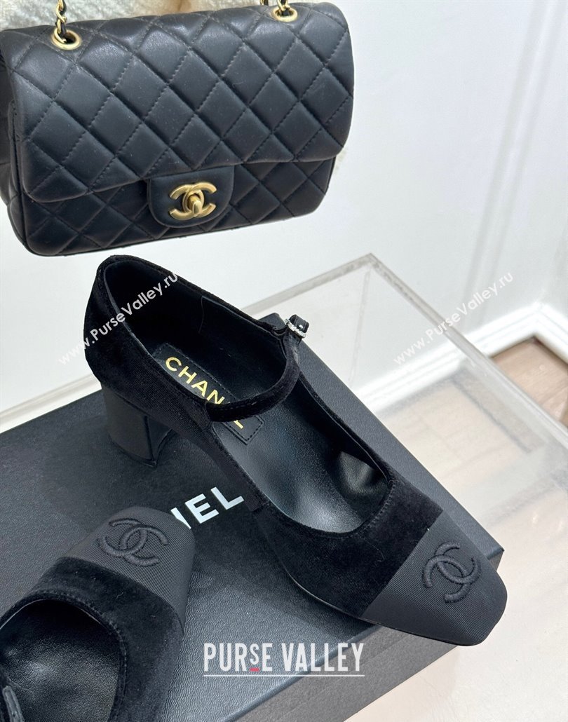 Chanel Velvet Mary Janes Pumps 6.5cm with Strass Buckle Black 2025 CH030329 (MD-250303171)