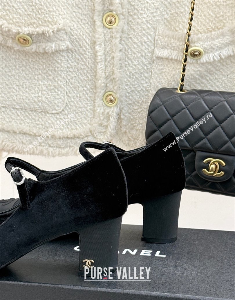 Chanel Velvet Mary Janes Pumps 6.5cm with Strass Buckle Black 2025 CH030329 (MD-250303171)