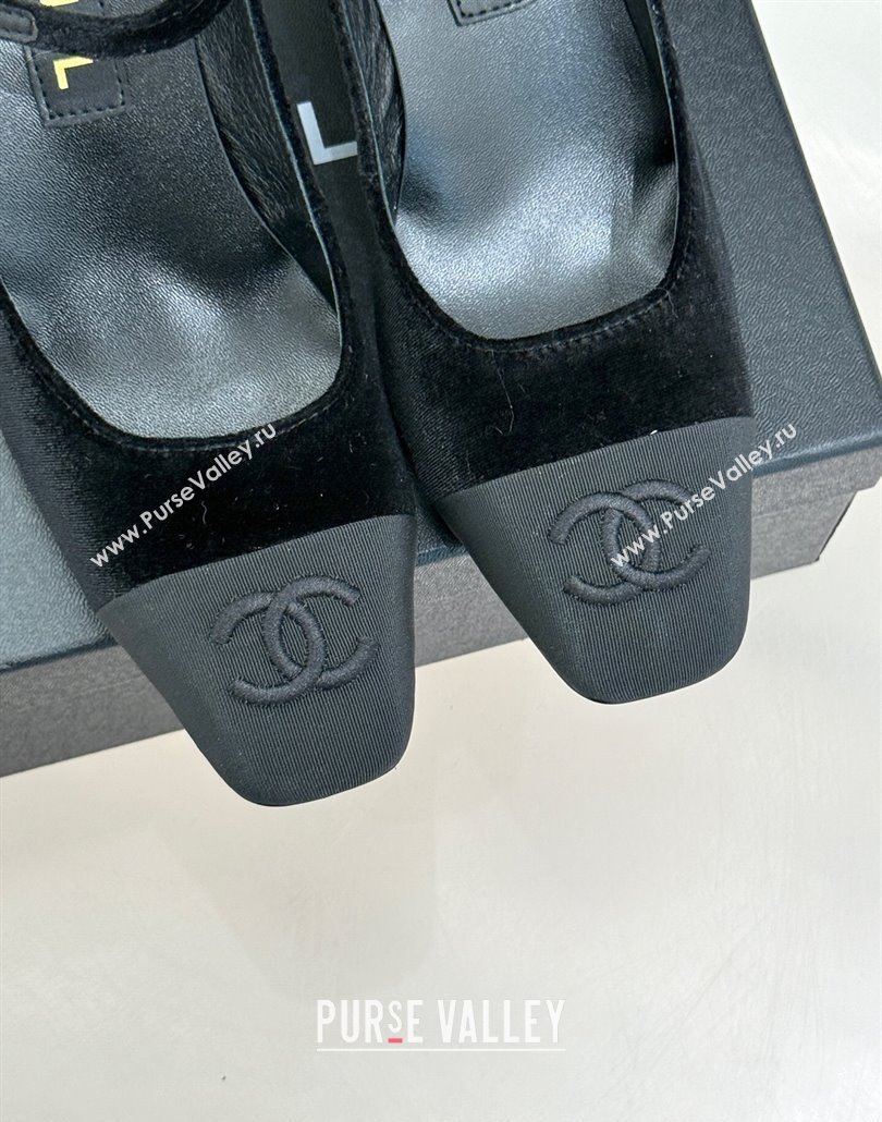 Chanel Velvet Mary Janes Pumps 6.5cm with Strass Buckle Black 2025 CH030329 (MD-250303171)