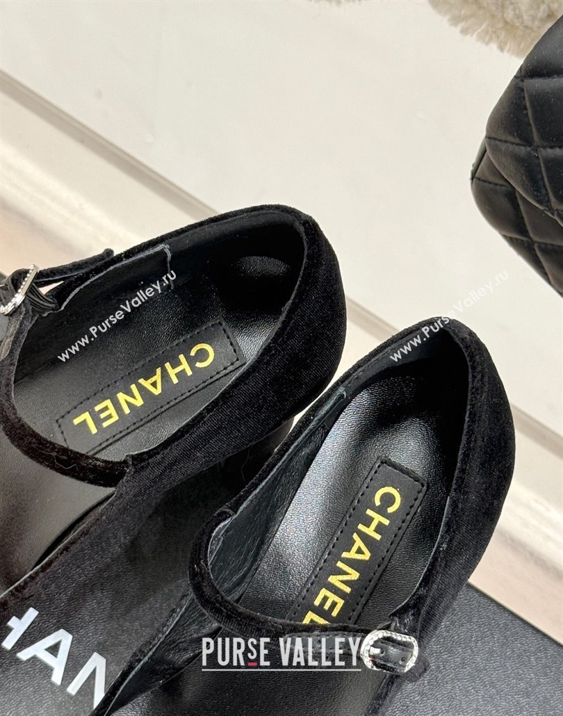 Chanel Velvet Mary Janes Pumps 6.5cm with Strass Buckle Black 2025 CH030329 (MD-250303171)