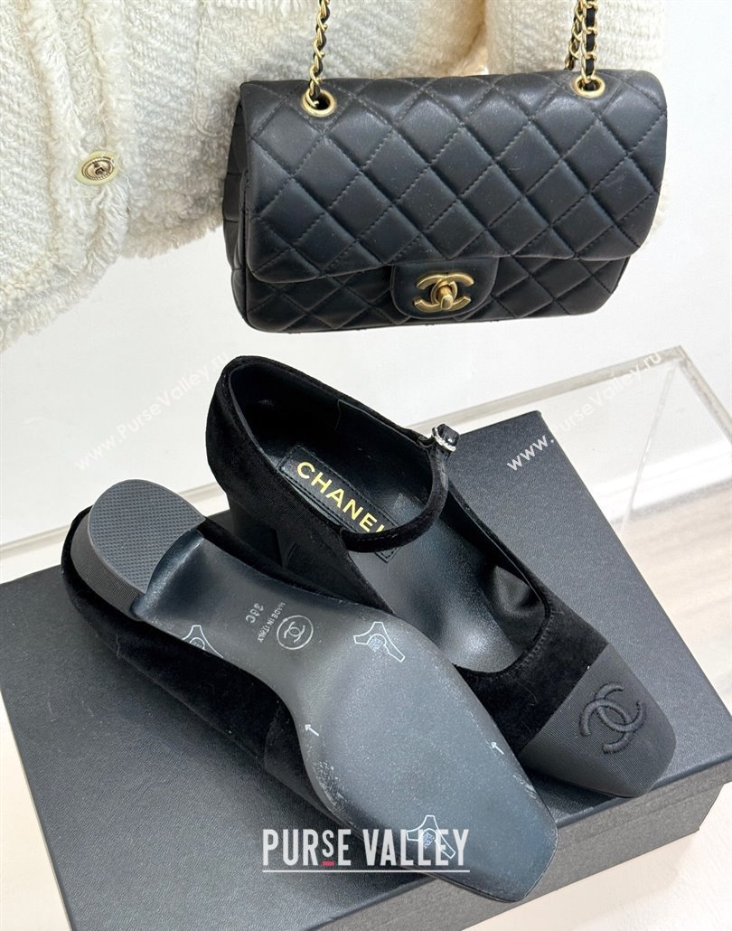 Chanel Velvet Mary Janes Pumps 6.5cm with Strass Buckle Black 2025 CH030329 (MD-250303171)