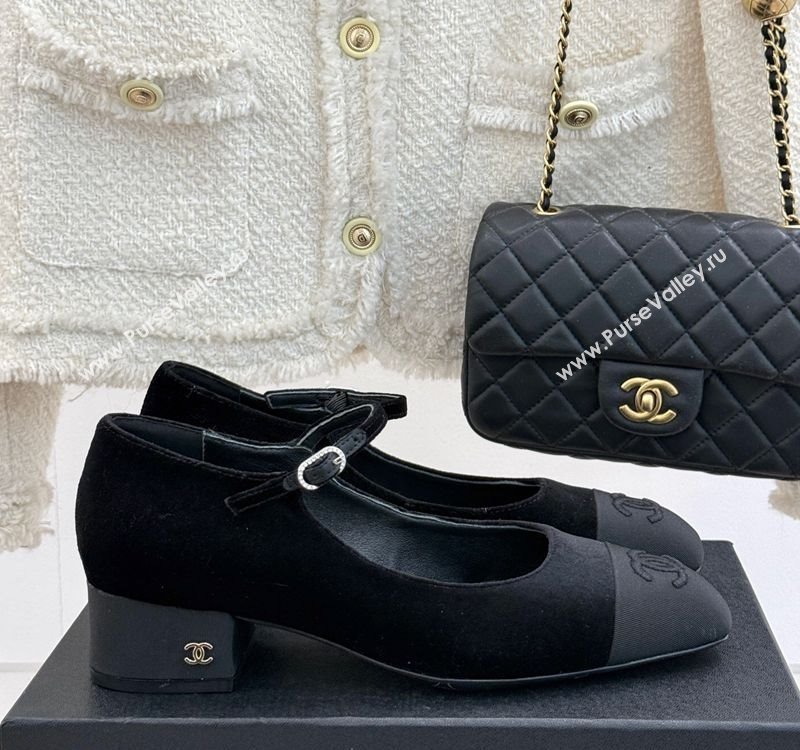Chanel Velvet Mary Janes Pumps 3.5cm with Strass Buckle Black 2025 CH030329 (MD-250303174)