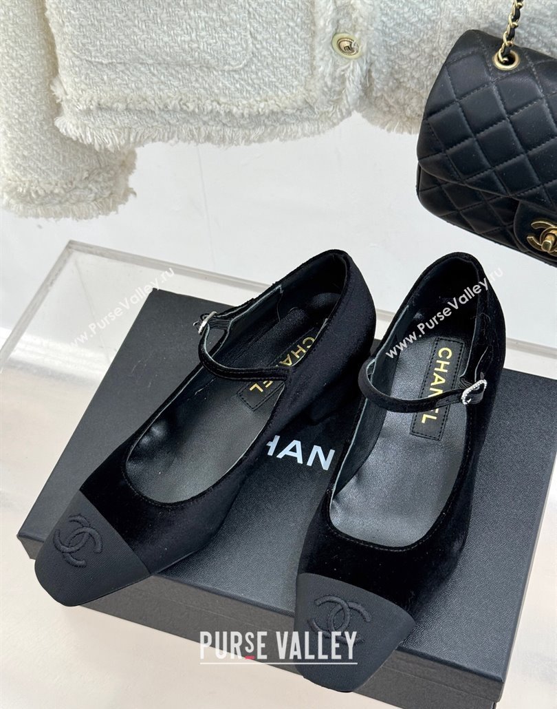 Chanel Velvet Mary Janes Pumps 3.5cm with Strass Buckle Black 2025 CH030329 (MD-250303174)