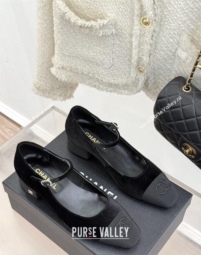 Chanel Velvet Mary Janes Pumps 3.5cm with Strass Buckle Black 2025 CH030329 (MD-250303174)