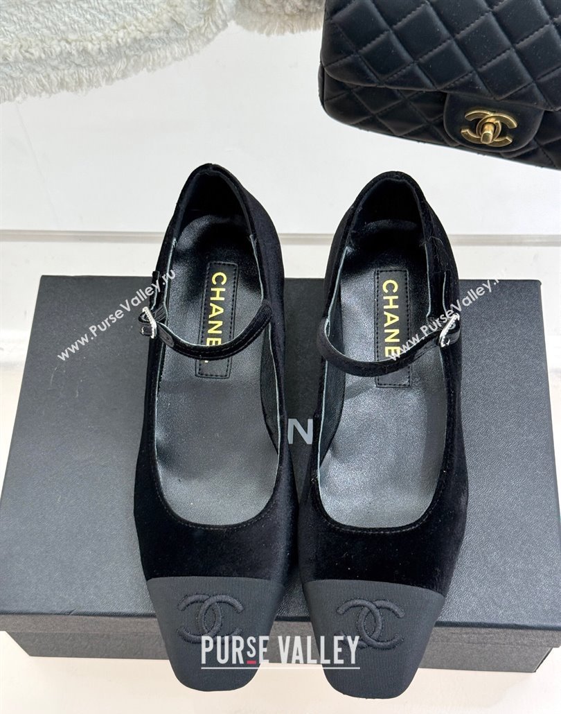 Chanel Velvet Mary Janes Pumps 3.5cm with Strass Buckle Black 2025 CH030329 (MD-250303174)