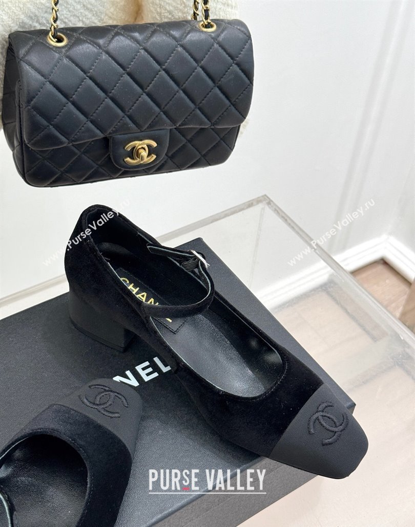 Chanel Velvet Mary Janes Pumps 3.5cm with Strass Buckle Black 2025 CH030329 (MD-250303174)