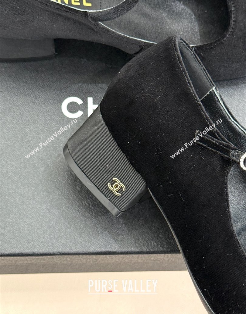 Chanel Velvet Mary Janes Pumps 3.5cm with Strass Buckle Black 2025 CH030329 (MD-250303174)