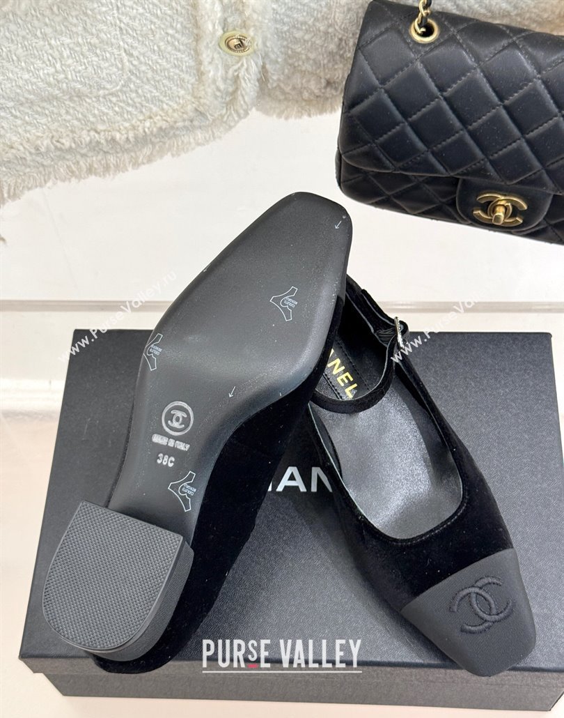 Chanel Velvet Mary Janes Pumps 3.5cm with Strass Buckle Black 2025 CH030329 (MD-250303174)