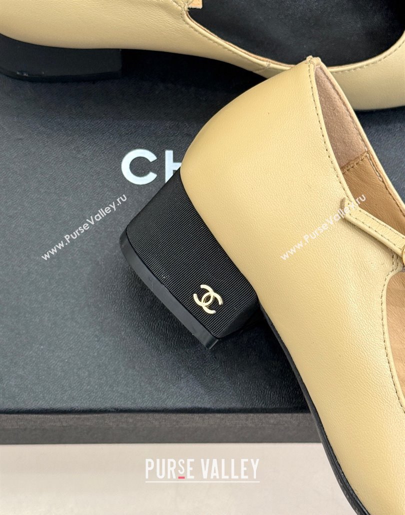 Chanel Lambskin Mary Janes Pumps 3.5cm with Strass Buckle Beige 2025 CH030329 (MD-250303177)