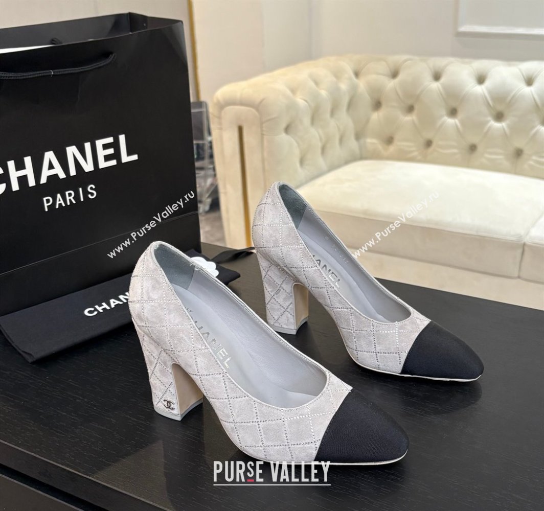 Chanel Quilted Suede Grosgrain Pumps 8.5cm with Studs G45509 Grey 2025 (MD-250228107)