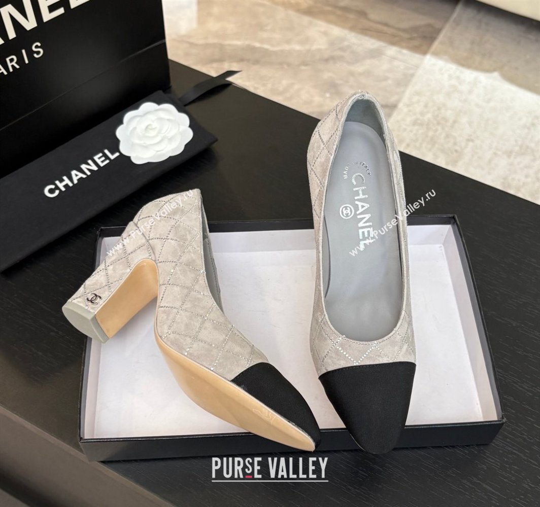 Chanel Quilted Suede Grosgrain Pumps 8.5cm with Studs G45509 Grey 2025 (MD-250228107)