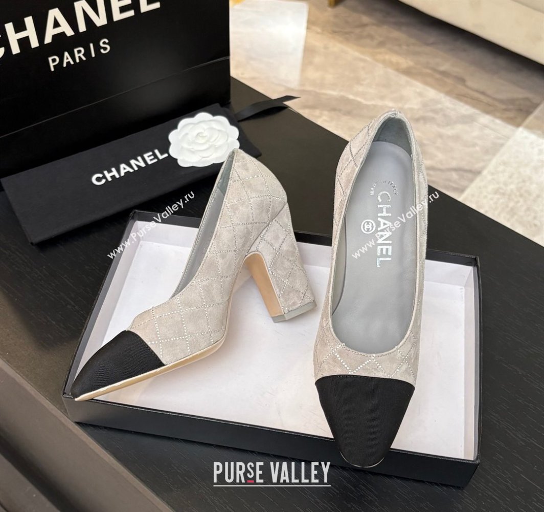 Chanel Quilted Suede Grosgrain Pumps 8.5cm with Studs G45509 Grey 2025 (MD-250228107)