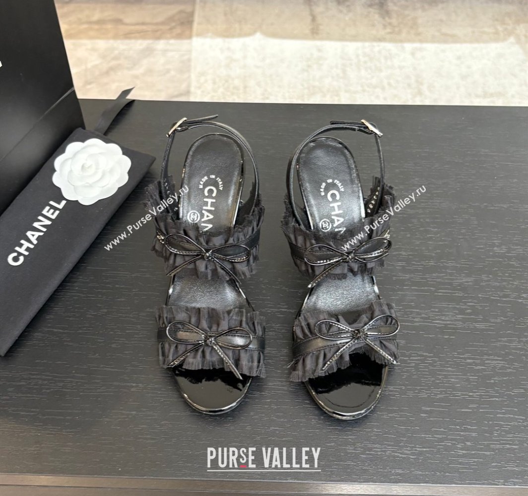 Chanel Lambskin Satin Heel Sandals 8cm with Bow and Fringe Black 2025 CH030309 (MD-250303090)