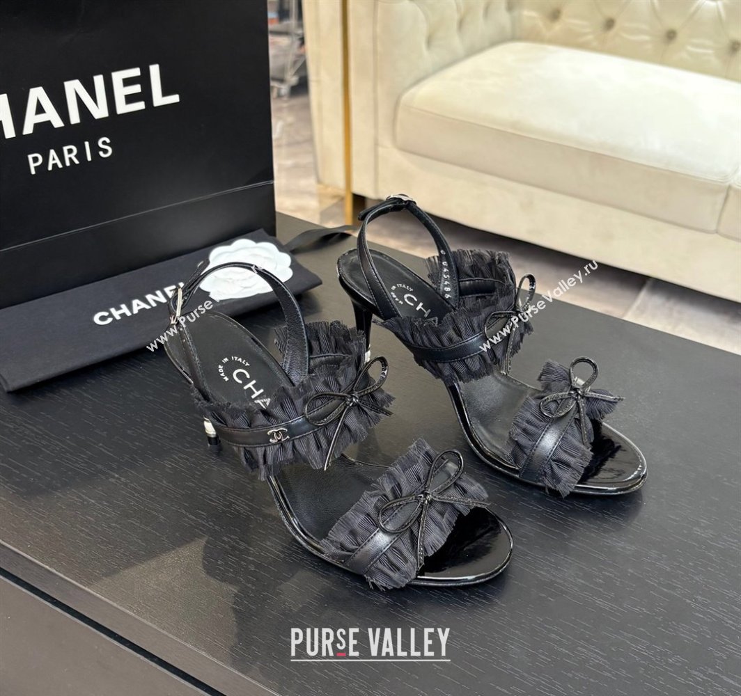 Chanel Lambskin Satin Heel Sandals 8cm with Bow and Fringe Black 2025 CH030309 (MD-250303090)