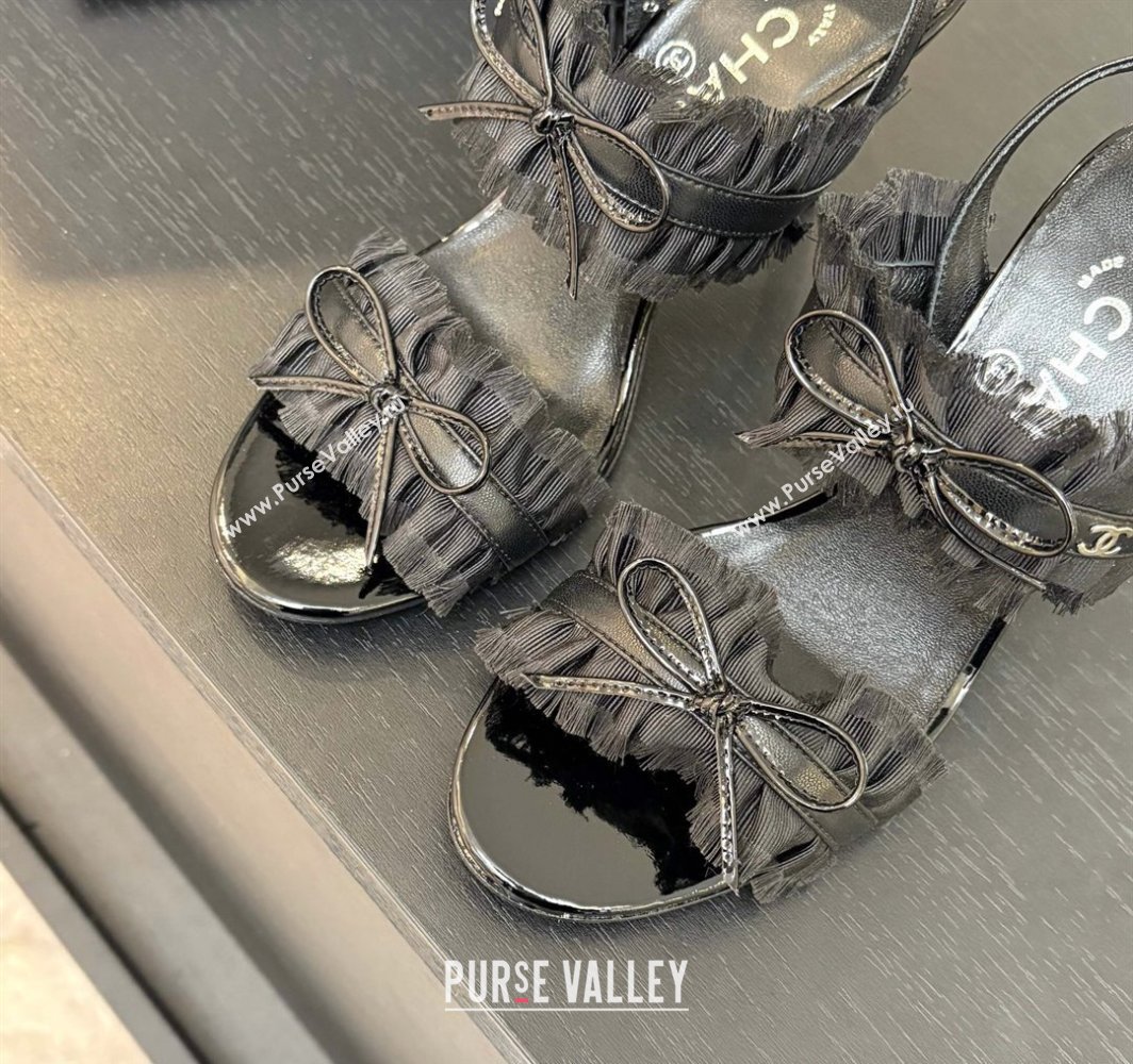 Chanel Lambskin Satin Heel Sandals 8cm with Bow and Fringe Black 2025 CH030309 (MD-250303090)