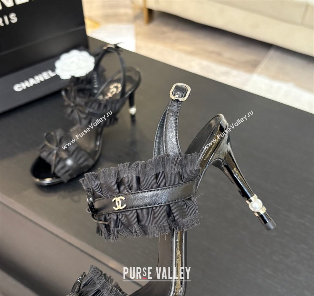 Chanel Lambskin Satin Heel Sandals 8cm with Bow and Fringe Black 2025 CH030309 (MD-250303090)