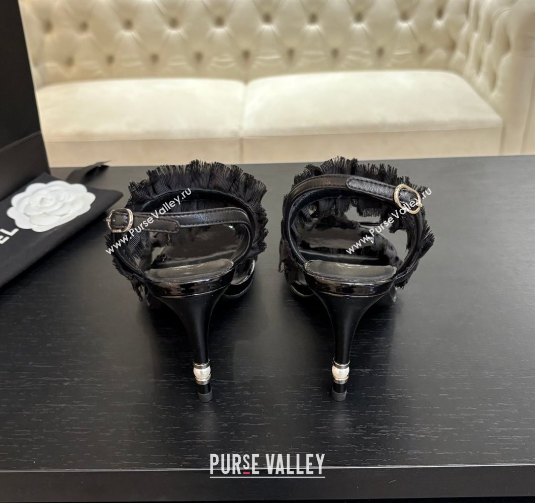 Chanel Lambskin Satin Heel Sandals 8cm with Bow and Fringe Black 2025 CH030309 (MD-250303090)
