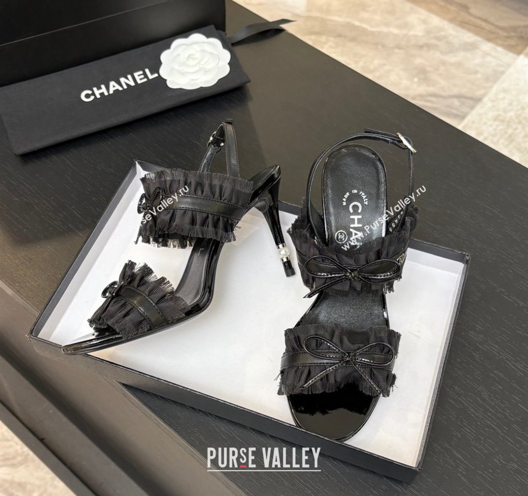 Chanel Lambskin Satin Heel Sandals 8cm with Bow and Fringe Black 2025 CH030309 (MD-250303090)
