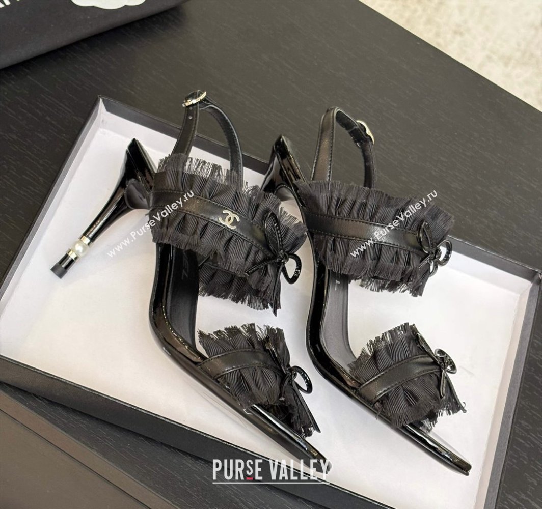 Chanel Lambskin Satin Heel Sandals 8cm with Bow and Fringe Black 2025 CH030309 (MD-250303090)