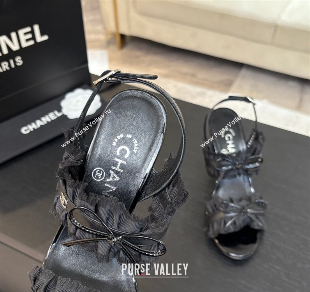 Chanel Lambskin Satin Heel Sandals 8cm with Bow and Fringe Black 2025 CH030309 (MD-250303090)