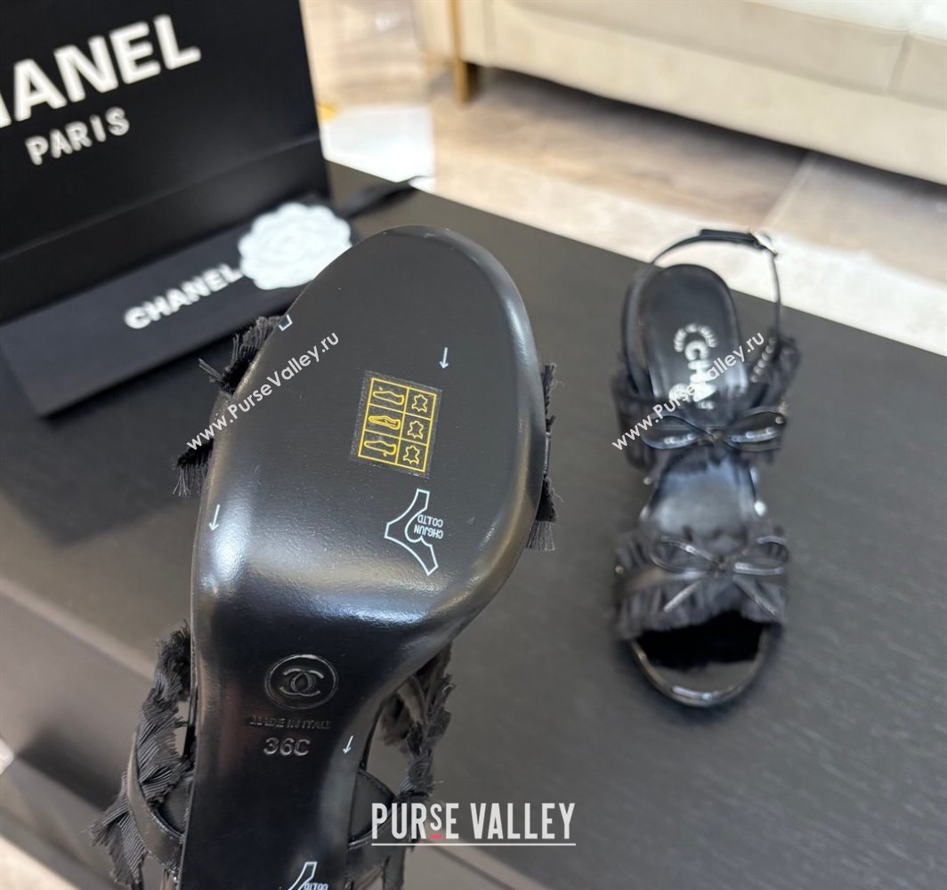 Chanel Lambskin Satin Heel Sandals 8cm with Bow and Fringe Black 2025 CH030309 (MD-250303090)