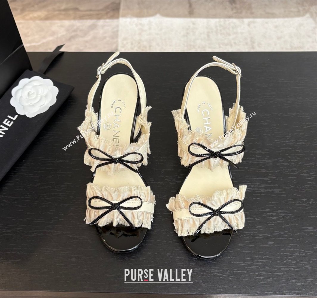 Chanel Lambskin Satin Heel Sandals 8cm with Bow and Fringe White 2025 CH030309 (MD-250303091)
