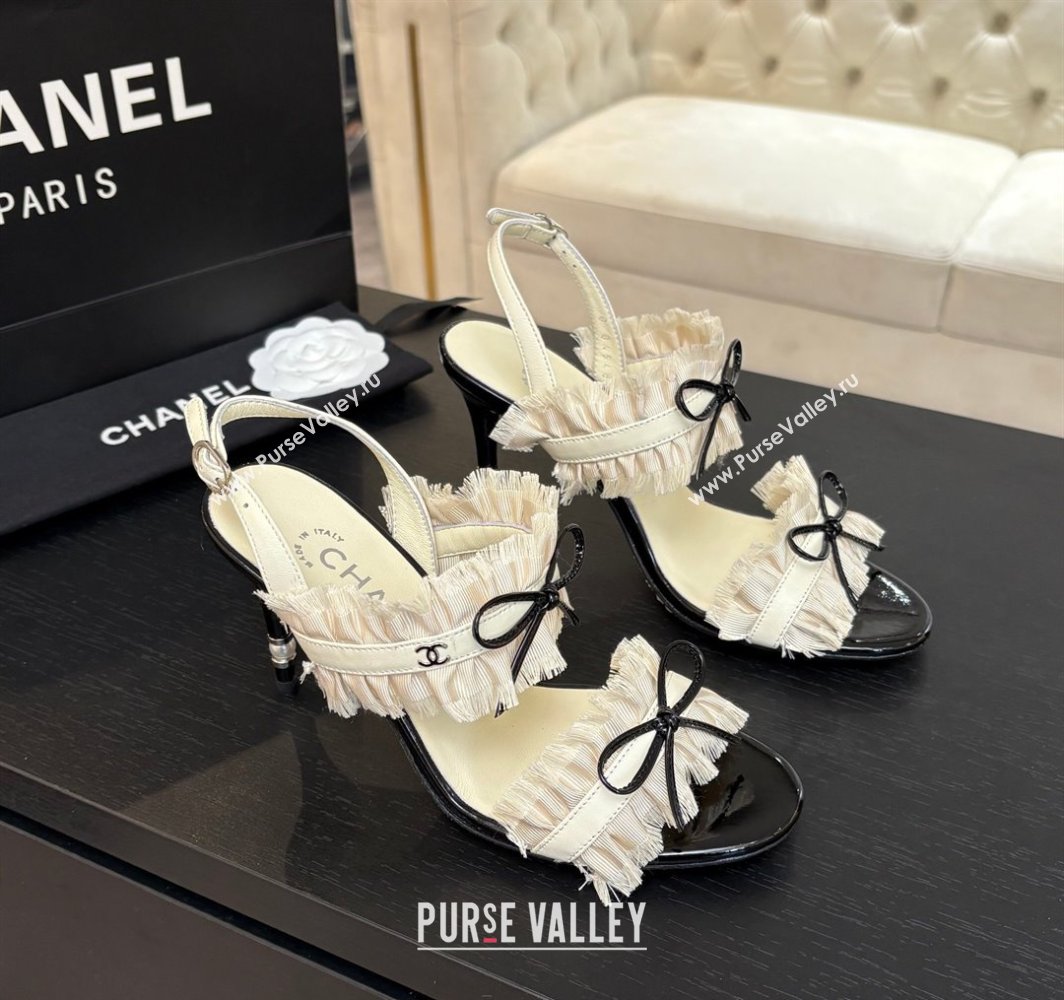 Chanel Lambskin Satin Heel Sandals 8cm with Bow and Fringe White 2025 CH030309 (MD-250303091)