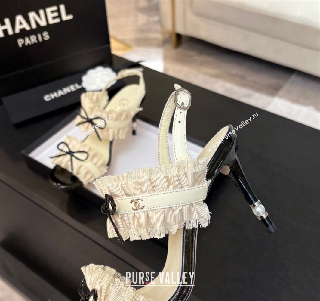 Chanel Lambskin Satin Heel Sandals 8cm with Bow and Fringe White 2025 CH030309 (MD-250303091)