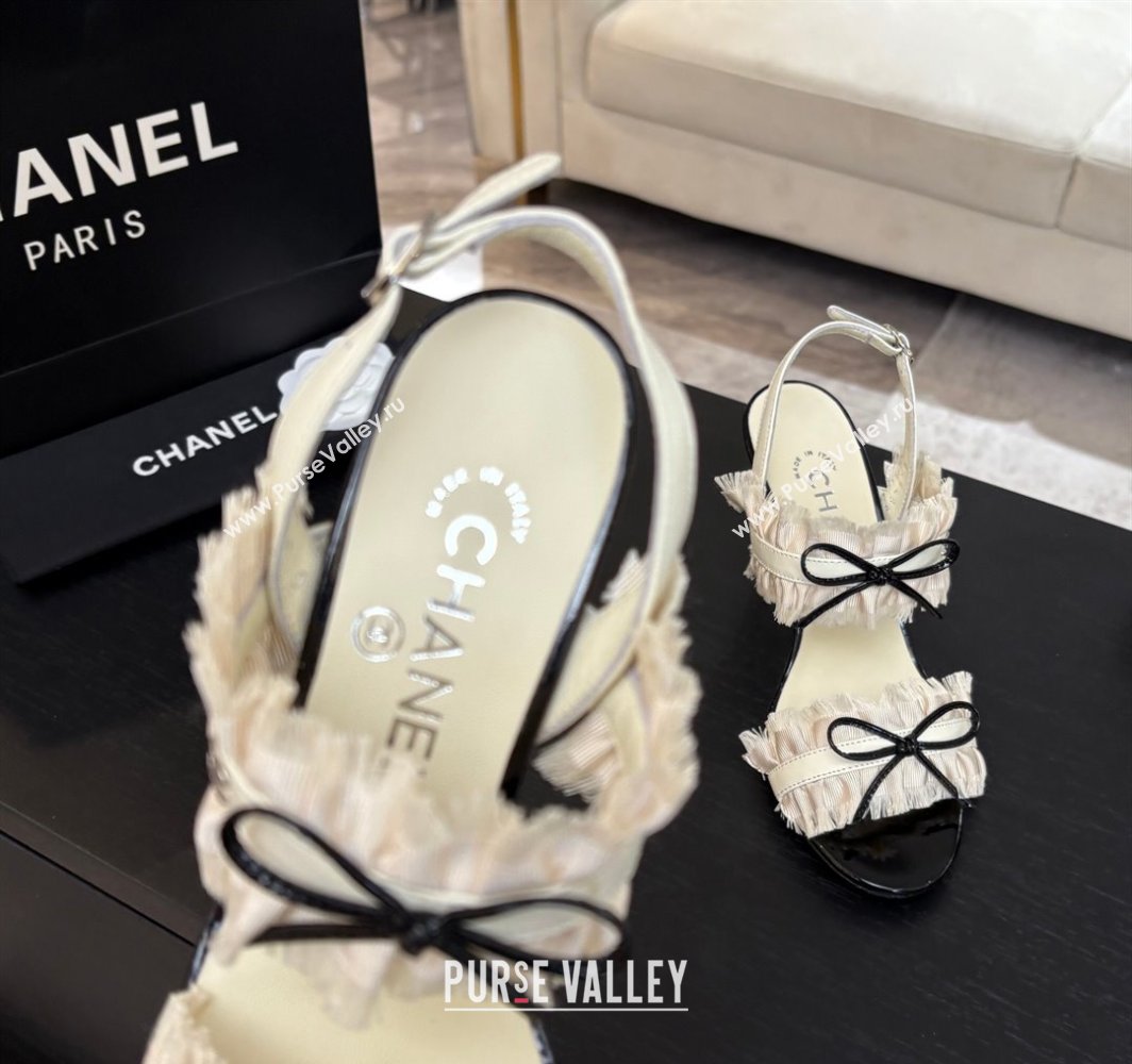 Chanel Lambskin Satin Heel Sandals 8cm with Bow and Fringe White 2025 CH030309 (MD-250303091)