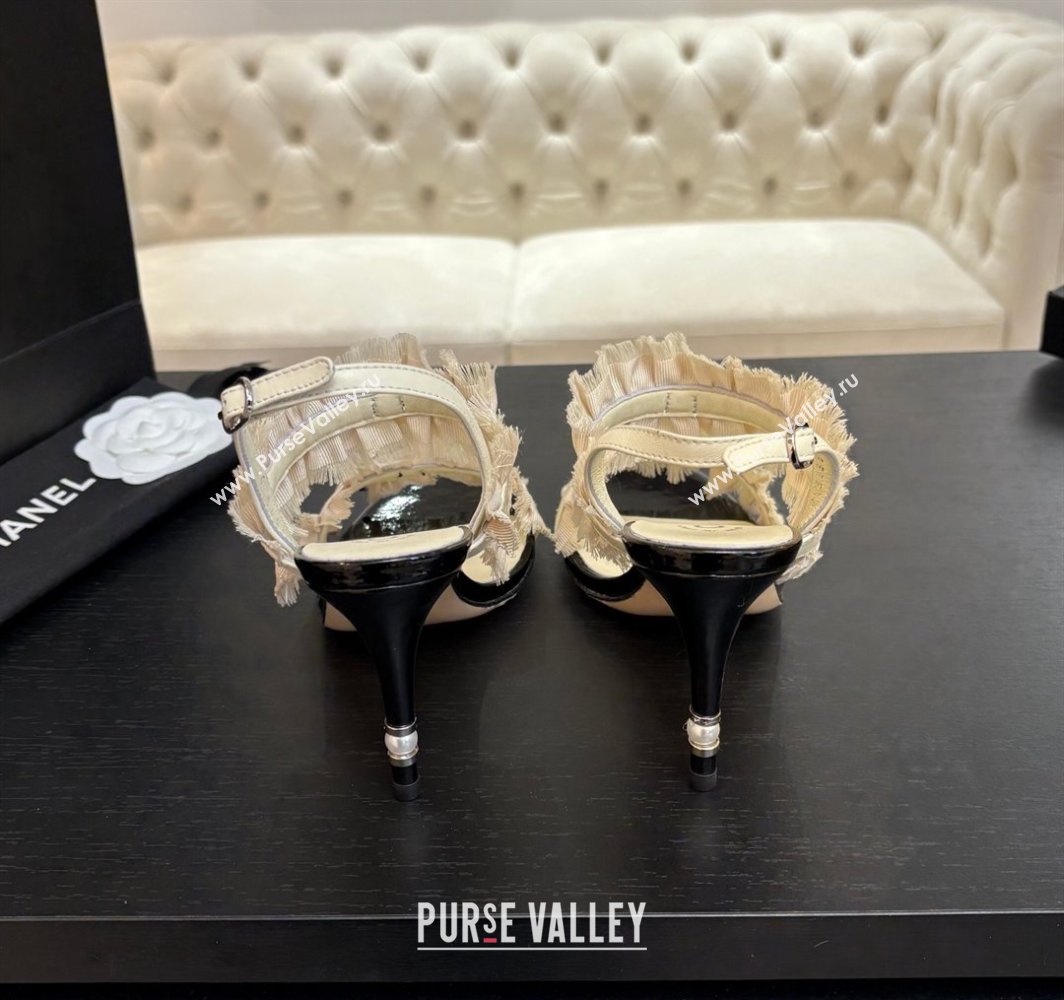 Chanel Lambskin Satin Heel Sandals 8cm with Bow and Fringe White 2025 CH030309 (MD-250303091)