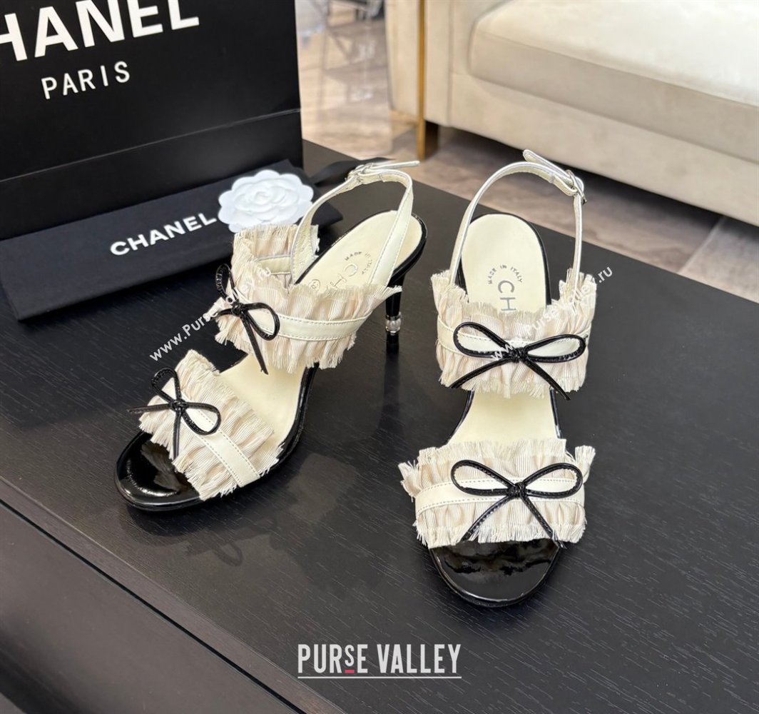 Chanel Lambskin Satin Heel Sandals 8cm with Bow and Fringe White 2025 CH030309 (MD-250303091)