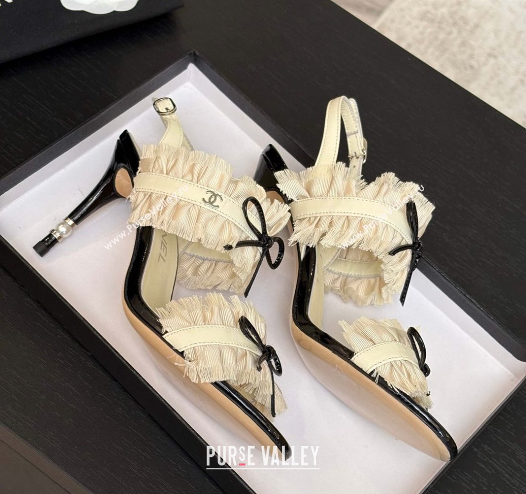 Chanel Lambskin Satin Heel Sandals 8cm with Bow and Fringe White 2025 CH030309 (MD-250303091)