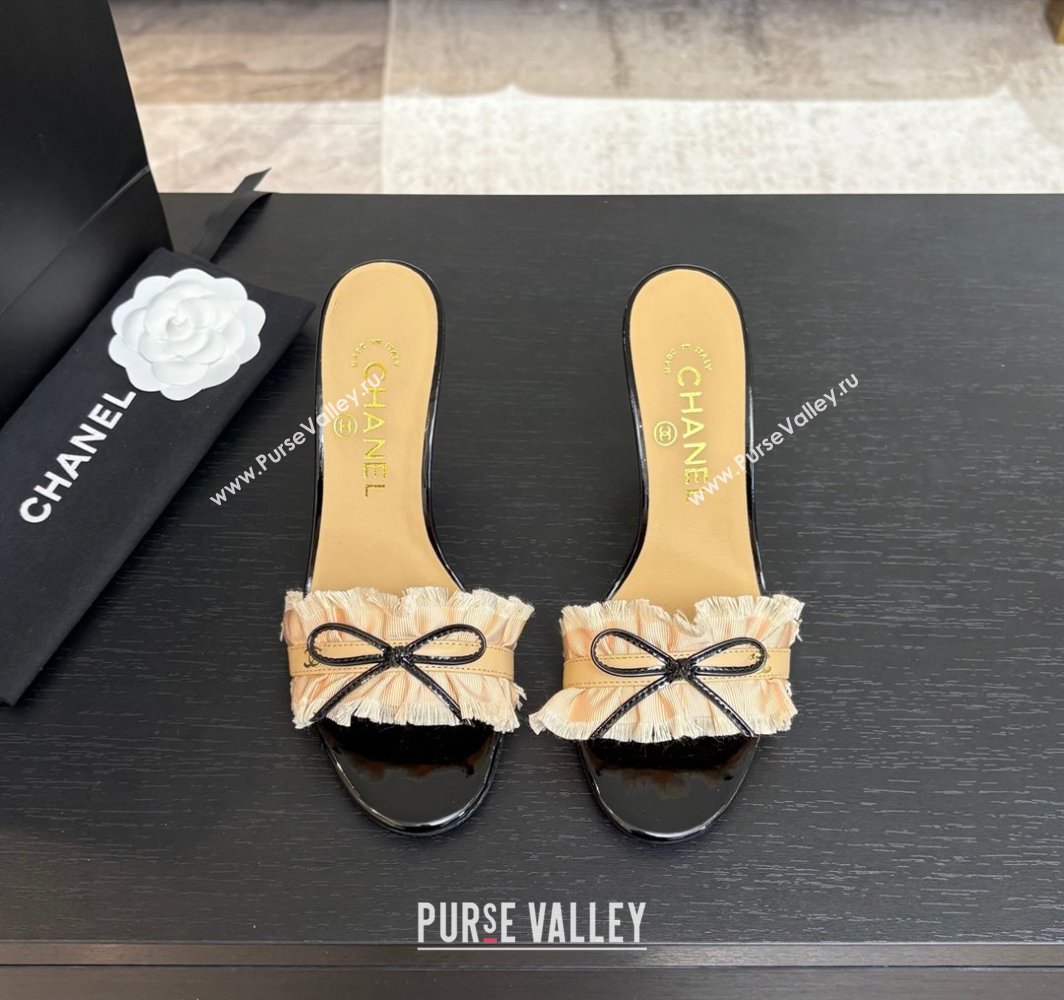 Chanel Lambskin Satin Heel Slides Sandal 8cm with Bow and Fringe Beige 2025 CH030309 (MD-250303093)