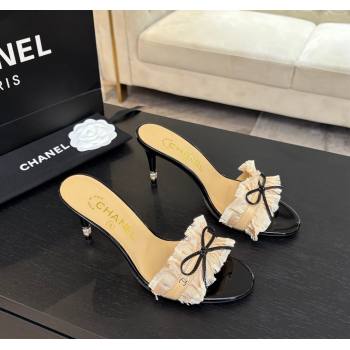 Chanel Lambskin Satin Heel Slides Sandal 8cm with Bow and Fringe Beige 2025 CH030309 (MD-250303093)
