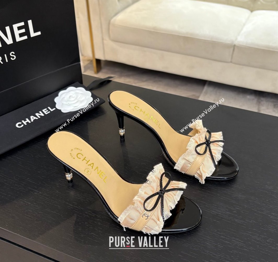 Chanel Lambskin Satin Heel Slides Sandal 8cm with Bow and Fringe Beige 2025 CH030309 (MD-250303093)