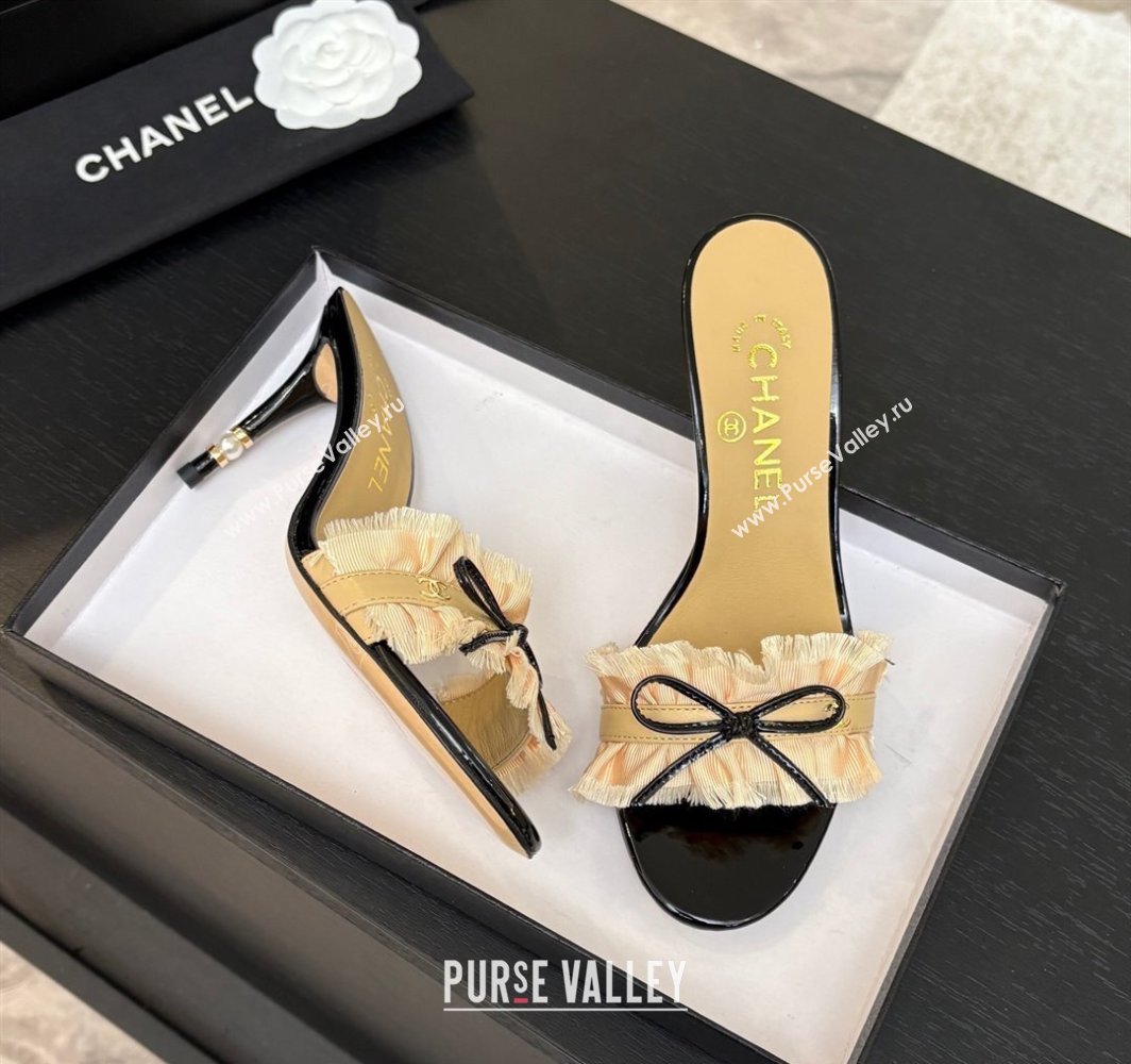 Chanel Lambskin Satin Heel Slides Sandal 8cm with Bow and Fringe Beige 2025 CH030309 (MD-250303093)