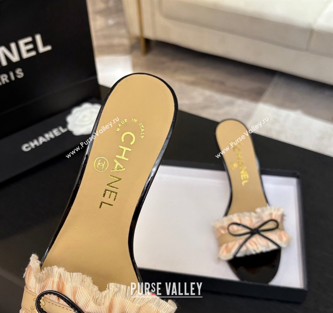 Chanel Lambskin Satin Heel Slides Sandal 8cm with Bow and Fringe Beige 2025 CH030309 (MD-250303093)