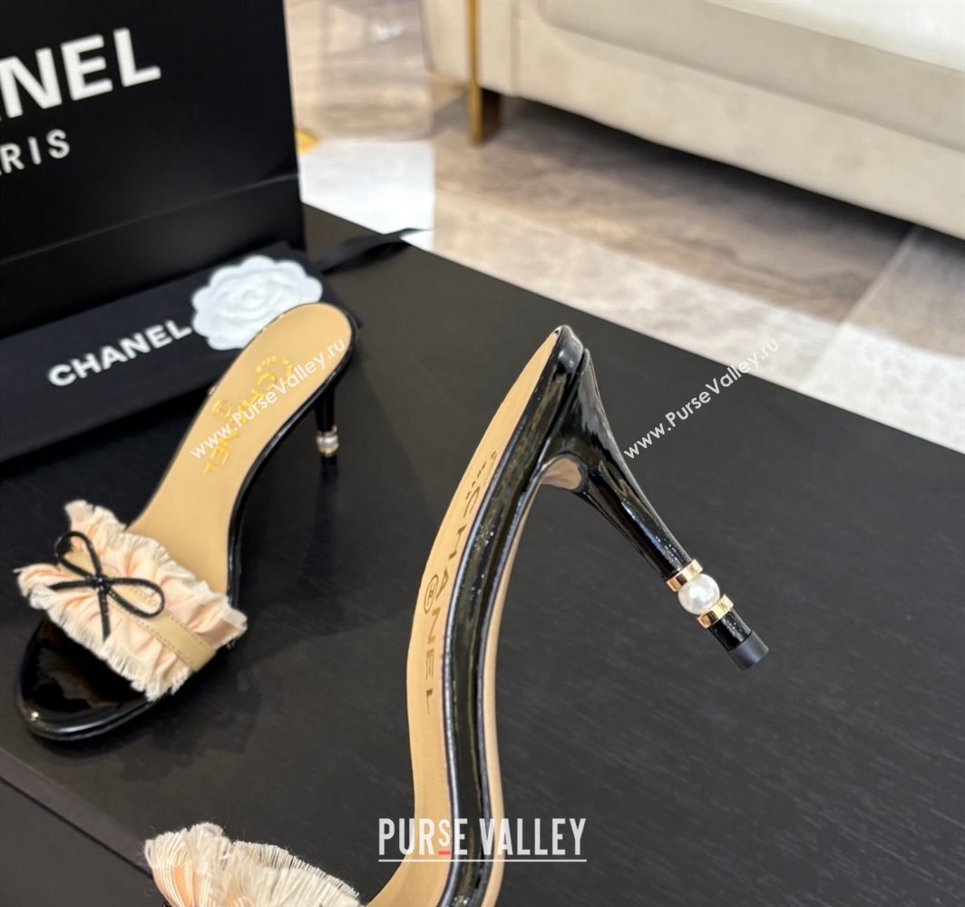 Chanel Lambskin Satin Heel Slides Sandal 8cm with Bow and Fringe Beige 2025 CH030309 (MD-250303093)